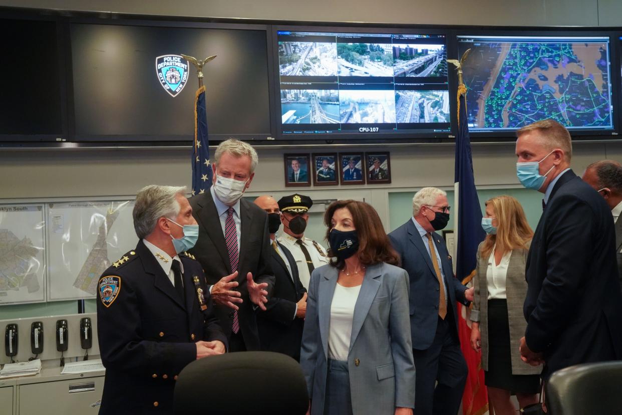 New York Gov. Kathy Hochul joins U.S. Department of Homeland Security Secretary Alejandro Mayorkas, New York City Mayor Bill de Blasio and NYPD Leadership for a 9/11 security briefing in Manhattan, New York on Sept. 10, 2021.