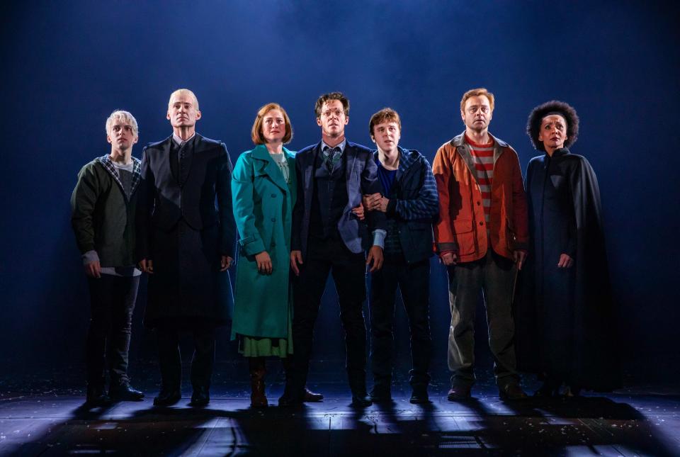 William McKenna as Scorpius Malfoy, Tom Wren as Draco Malfoy, Lucy Goleby as Ginny Potter, Gareth Reeves as Harry Potter, Sean Rees-Wemyss as Albus Potter, Gyton Grantley as Ron Weasley and Paula Arundell as Hermione Granger. (PHOTO: Matt Murphy)