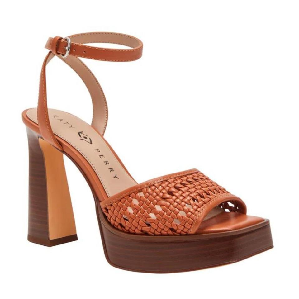 brown woven block heel