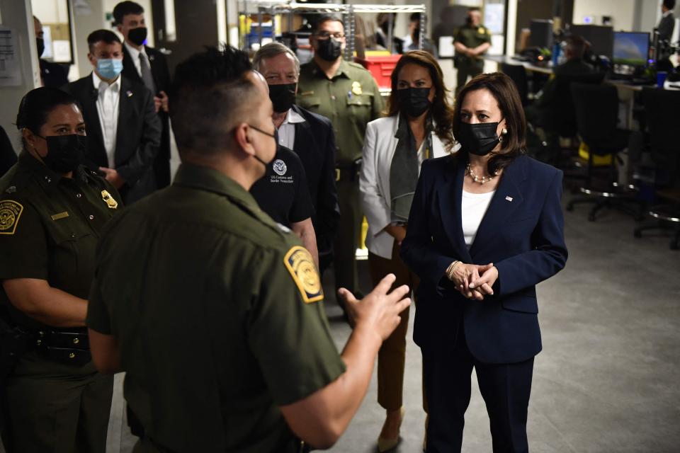 US Vice President Kamala Harris (R) tours the El Paso Border Patrol Station, on June 25, 2021 in El Paso, Texas.  (Photo by Patrick T. FALLON / AFP) (Photo by PATRICK T. FALLON/AFP via Getty Images)