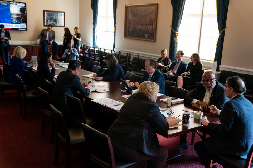 WASHINGTON, DC - JULY 27: Rep. Bennie Thompson (D-MS), center, Chairman of the U.S. House Select Committee to Investigate the January 6th Attack on the United States Capitol talks with Rep. Zoe Lofgren (D-CA), left, and Rep. Jamie Raskin (D-MD), right, as members of the House select committee investigating the deadly pro-Trump invasion of the U.S. Capitol meet in a room ahead of the first hearing in the Cannon House Office Building on Capitol Hill on Tuesday, July 27, 2021 in Washington, DC. During its first hearing, the committee - which currently made up of seven Democrats and two Republicans - will hear testimony from law enforcement officers about their experiences while defending the Capitol on January 6. (Kent Nishimura / Los Angeles Times via Getty Images)