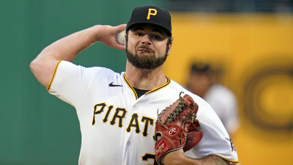 Pittsburgh Pirates starting pitcher Bryse Wilson delivers during the first inning of the team's baseball game against the Chicago Cubs in Pittsburgh, Friday, Sept. 23, 2022. (AP Photo/Gene J. Puskar)