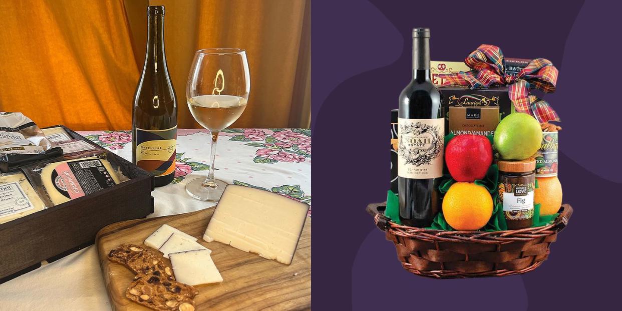 wine and cheese gift basket with glass of white wine on table