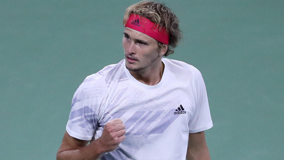 Alexander Zverev  is pictured celebrating after defeating Adrian Mannarino at the US Open.