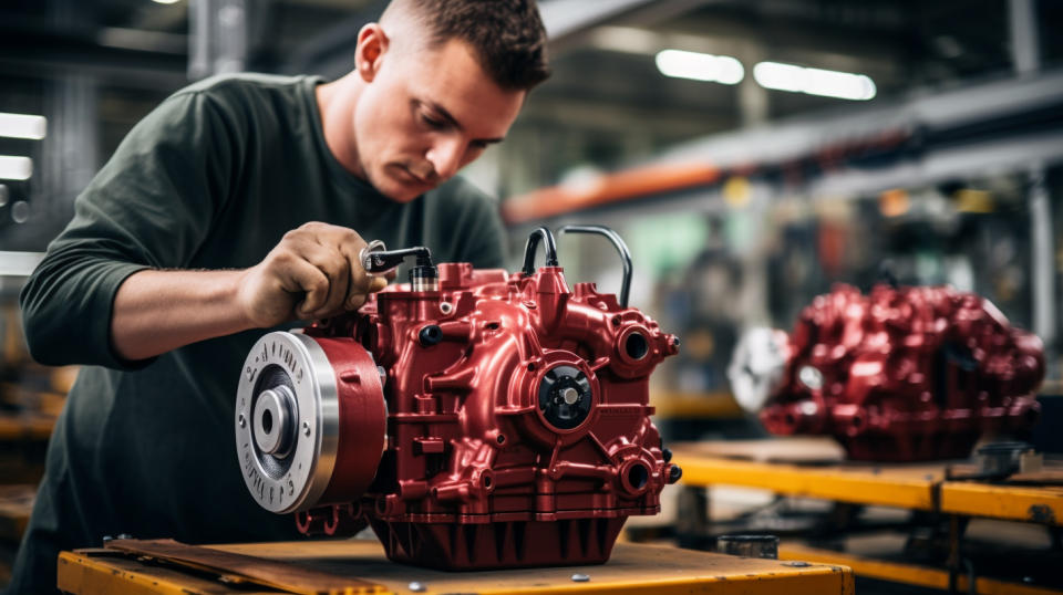 A worker in a factory assembling a pump package, to the exact specifications of the customer.