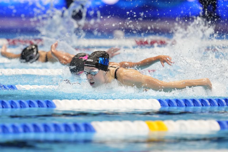 Gretchen Walsh swims during the Women's 100 butterfly finals Sunday, June 16, 2024, at the US Swimming Olympic Trials in Indianapolis. (AP Photo/Michael Conroy)