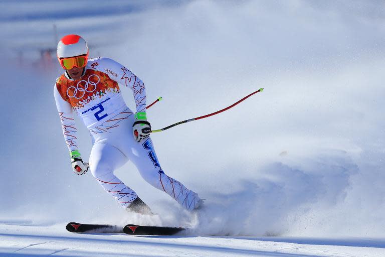 Marco Sullivan arrives in the finish area afte a Men's Alpine Skiing Downhill training session at the Rosa Khutor Alpine Center on February 8, 2014