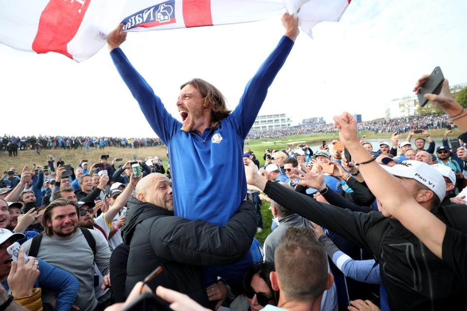 <p>Ryder Cup rookie Tommy Fleetwood celebrates Europe’s 17 1/2-10 ½ win over the United States. Fleetwood won four points, combining well with Italian Francesco Molinari, in a memorable triumph for Europe’s golfers (David Davies/PA) </p>