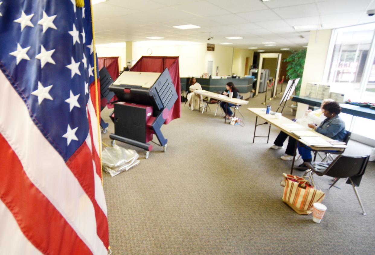 A voting booth waits for voters in Bossier, Louisiana on May 4, 2019. 