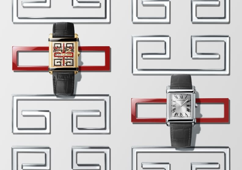 卡地亞還推出一款素雅大氣的時分顯示腕錶，以鉑金製作，配備斜面橫向錶耳，並搭載品牌目前最纖薄的機械機芯：430 MC型機芯。