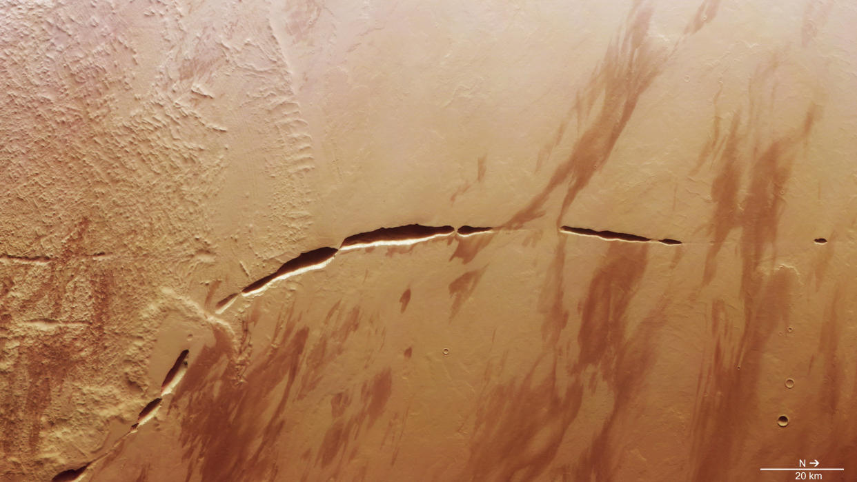  A rusty brown landscape seen from space shows a sandy swath split in two by a winding, segmented canyon. 