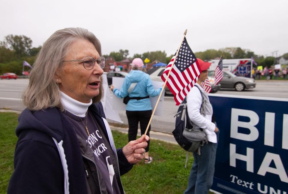 Livingston County Democratic Party Chair Judy Daubenmier talks about President Joe Biden's visit to Howell on Tuesday, Oct. 5, 2021.