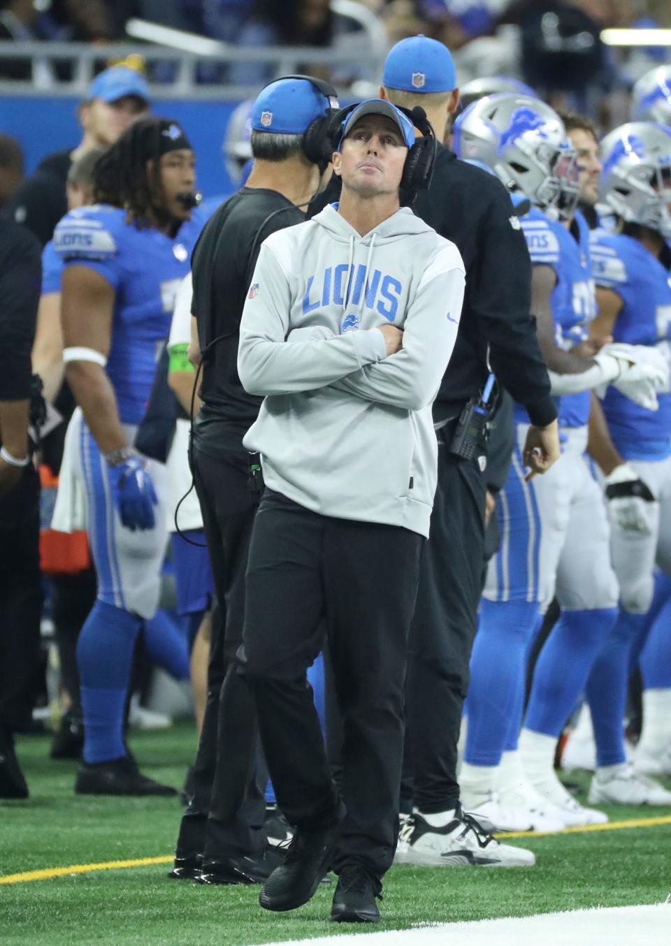 Detroit Lions offensive coordinator Ben Johnson on the sidelines during action against the Jacksonville Jaguars Saturday, August 19, 2023.