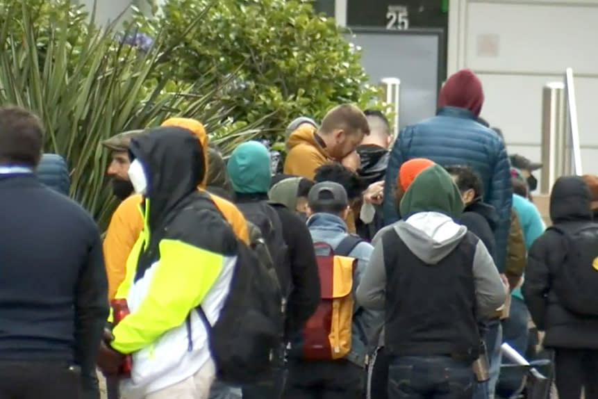 Lines grow out the door at San Francisco General Hospital on Thursday after monkeypox vaccine doses entered a shortage. (NBC Bay Area)
