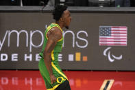 Oregon's Jermaine Couisnard celebrates after hitting a three-point shot against South Carolina during the second half of a first-round college basketball game in the NCAA Tournament in Pittsburgh, Thursday, March 21, 2024. (AP Photo/Gene J. Puskar)