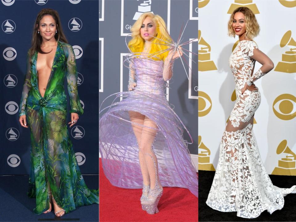 Jennifer Lopez in Versace, Lady Gaga in Armani Privé and Beyoncé in Michael Costello (Getty Images)