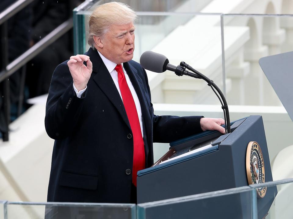 President Donald Trump delivers his inaugural address on the West Front of the U.S. Capitol n Washington DC (Getty)