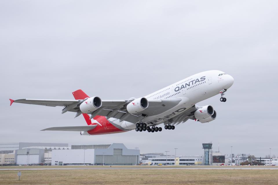 A Qantas Airways Airbus A380 takes off from Dresden Airport.