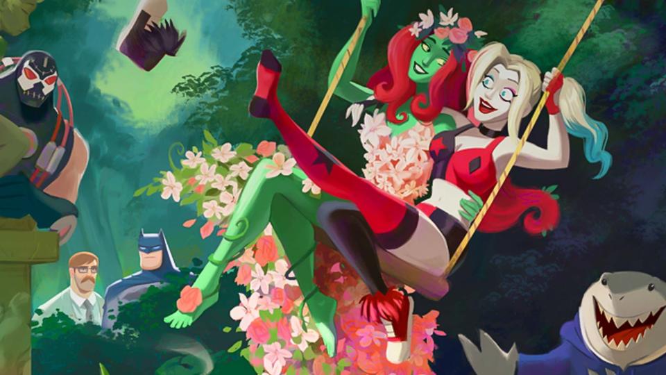 (L, R) Poison Ivy (voiced by Lake Bell) and Harley Quinn (Kaley Cuoco) ride a floral swing with Commissioner Gordon, Batman, Bane and King Shark in the background