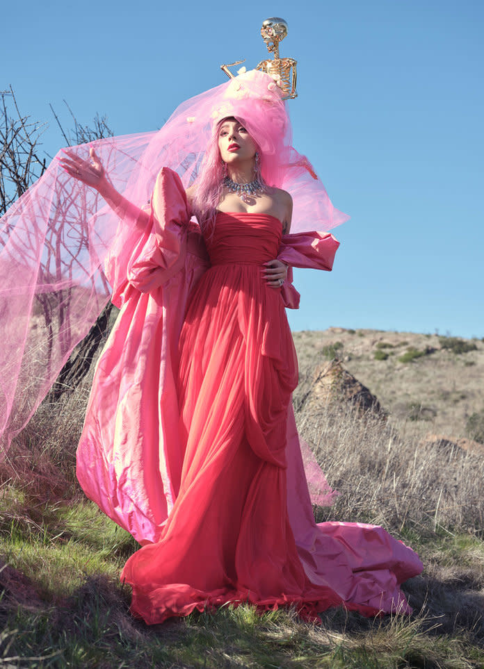 <p>Giambattista Valli Haute Couture cape,&nbsp;gown. Gasoline Glamour hat. Chopard earrings, necklace. Tiffany &amp; Co. rings. Photo by Nathaniel Goldberg/The Lindsay Thompson Company.</p>
