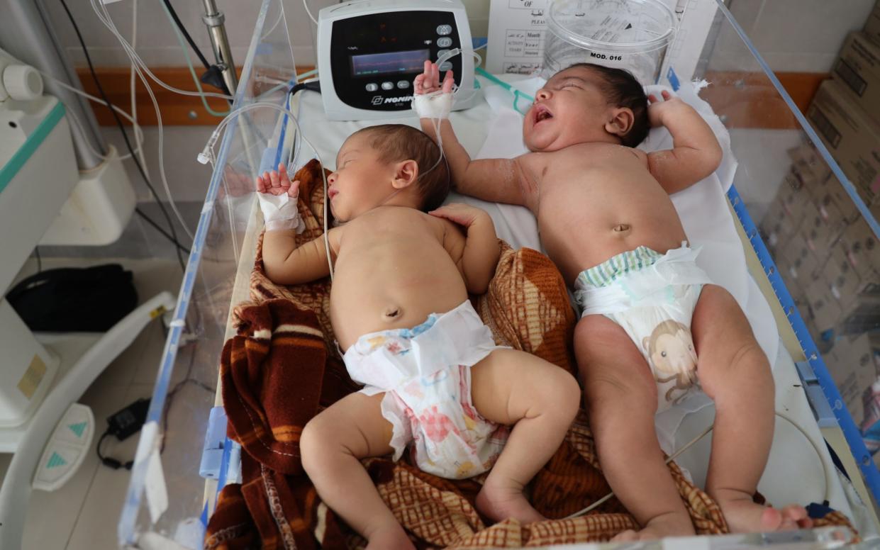Newborn babies rest side by side while being treated at the Emirati maternity hospital