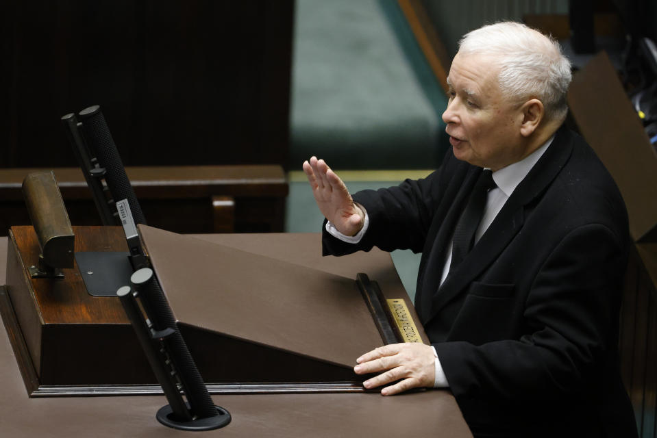 Jaroslaw Kaczynski leader of Poland's right-wing Law and Justice party, speaks to lawmakers after opposition leader Donald Tusk was selected as new Polish Prime Minister at the parliament, in Warsaw, Poland, Monday Dec. 11, 2023. (AP Photo/Michal Dyjuk)