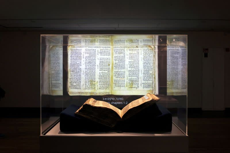 FILE PHOTO: The Codex Sassoon, the earliest and most complete Hebrew Bible ever discovered, is presented to the public at Tel Aviv University