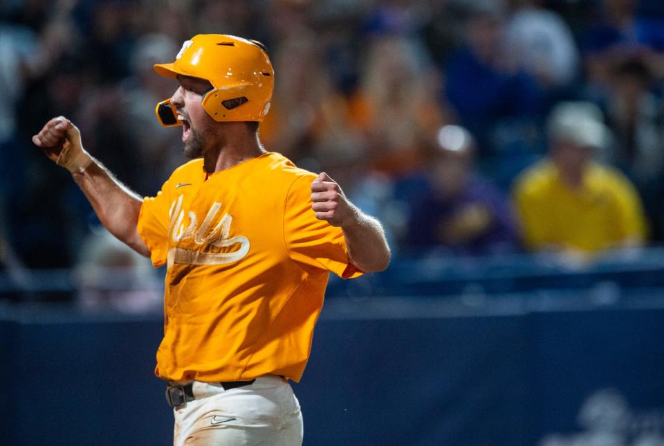 Tennessee first baseman Luc Lipcius (40) celebrates after scoring a run as Tennessee Volunteers take on LSU Tigers during the SEC baseball tournament at the Hoover Metropolitan Stadium in Hoover, Ala., on Friday, May 27, 2022. 