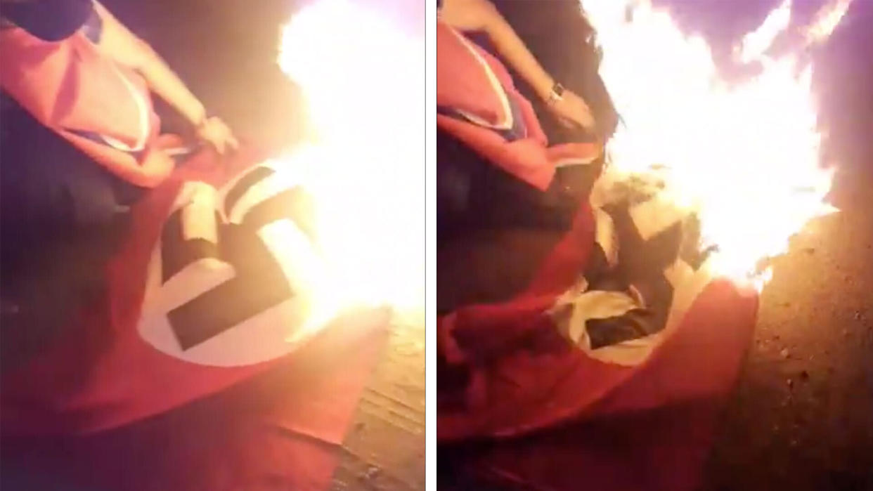 Caleb Pelletier posted a Facebook live video of him burning the Nazi flag. (Credit: Facebook/Caleb Pelletier)