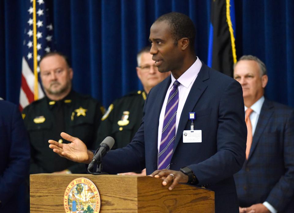 Florida Surgeon General Joseph Ladapo speaks at an Oct. 20, 2021, press conference, joined by Gov. Ron DeSantis, several state and local officials, and parents of students. The hourlong conference, which centered on opposition to mask and vaccine mandates, was held at the American Police Hall of Fame & Museum in Titusville.