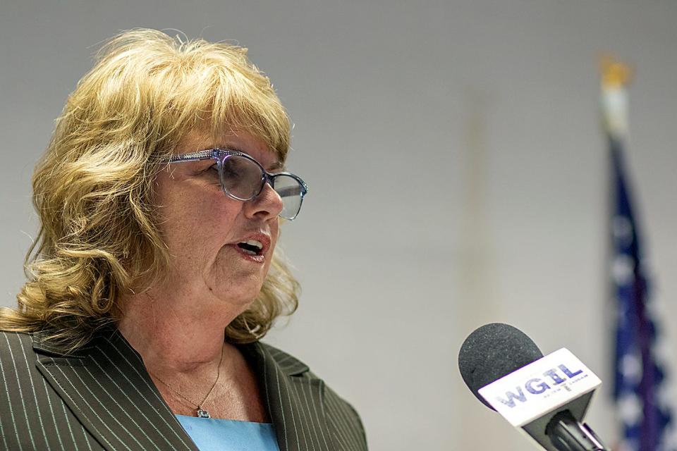 Democrat incumbent Knox County Treasurer Robin Davis answers a question during the Galesburg NAACP candidates forum on Tuesday, Oct. 11, 2022 at the Galesburg Public Library.