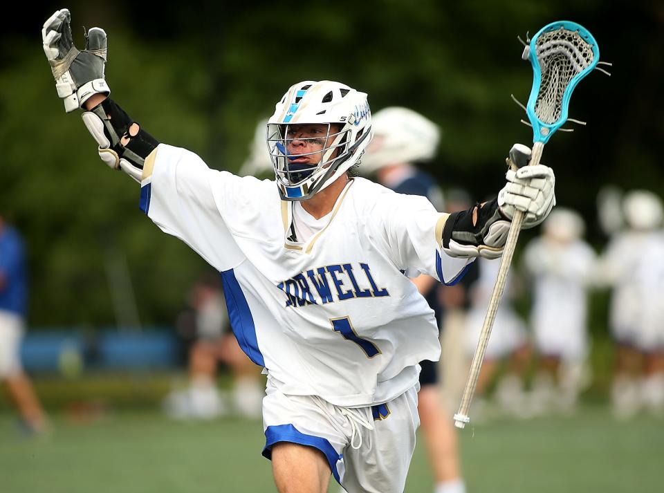 Norwell's Griffin Vetrano celebrates his goal that gave Norwell the 4-2 lead over Cohasset in the second quarter of the Division 3 South Semifinal at the Clipper Community Complex on Friday, June 25, 2021.