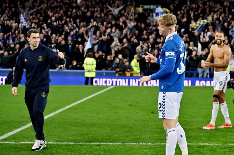 LIVERPOOL, ENGLAND - APRIL 24: Seamus Coleman (L) Jarrad Branthwaite and Dominic Calvert-Lewin of Everton react after the Premier League match between Everton FC and Liverpool FC at Goodison Park on April 24, 2024 in Liverpool, England. (Photo by Tony McArdle/Everton FC via Getty Images)