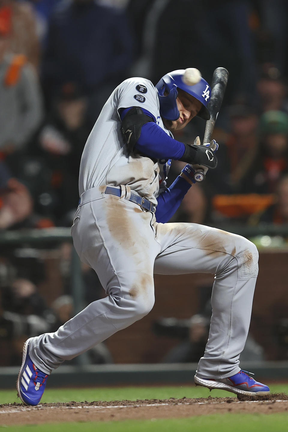 Los Angeles Dodgers' Corey Seager moves out of the way of a pitch from San Francisco Giants' Tyler Rogers during the eighth inning of Game 5 of a baseball National League Division Series Thursday, Oct. 14, 2021, in San Francisco. (AP Photo/John Hefti)