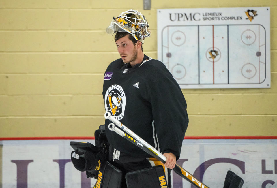 Pittsburgh Penguins' Tristan Jarry attends an NHL hockey practice Thursday, Sept. 23, 2021, in Cranberry Township, Pa. (Andrew Rush/Pittsburgh Post-Gazette via AP)