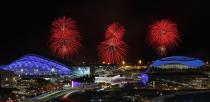 Fireworks are seen over the Olympic Park during the rehearsal of the opening ceremony at the Adler district of Sochi, February 1, 2014. Sochi will host the 2014 Winter Olympic Games from February 7 to February 23. REUTERS/Alexander Demianchuk (RUSSIA - Tags: SPORT OLYMPICS)