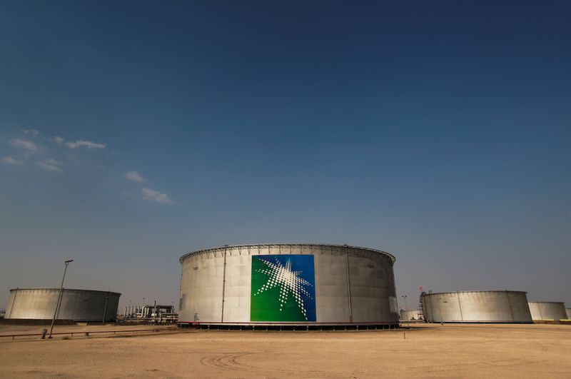 FILE PHOTO: A view shows branded oil tanks at Saudi Aramco oil facility in Abqaiq