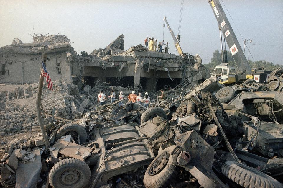 FILE - An Oct. 23, 1983 file photo shows the aftermath of a suicide truck bombing of the U.S. Marines barracks in Beirut, Lebanon.