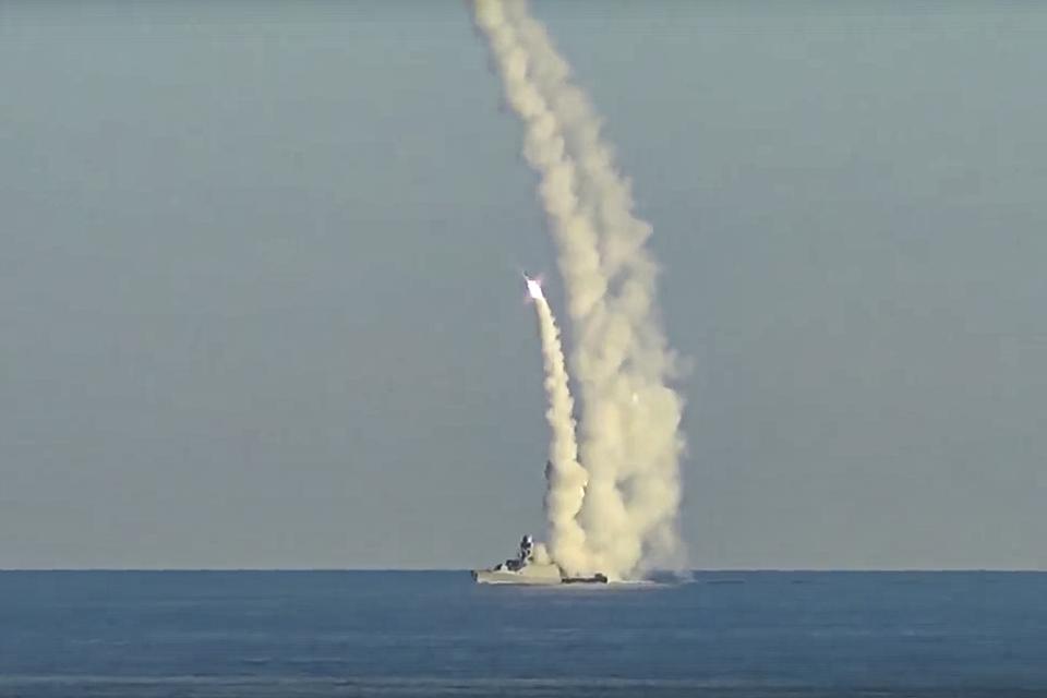 FILE This handout photo taken from video released by Russian Defense Ministry Press Service on Friday, July 15, 2022 shows a long-range Kalibr cruise missiles launched by a Russian military ship from an unknown location. The latest Russian missile barrage against Ukraine’s civilian infrastructure on Thursday, March 9, 2023 has marked one of the largest such attacks in months.. Russian warships have fired Kalibr cruise missiles at targets in Ukraine. (Russian Defense Ministry Press Service photo via AP, File)