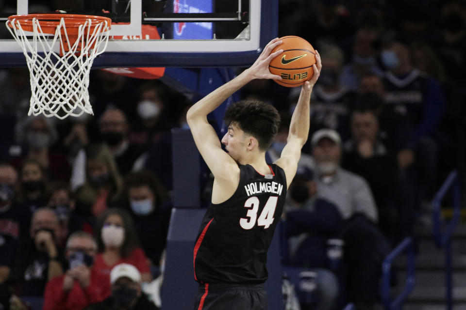 Gonzaga center Chet Holmgren grabs a rebound during the second half of an NCAA college basketball game against Alcorn State, Monday, Nov. 15, 2021, in Spokane, Wash. (AP Photo/Young Kwak)