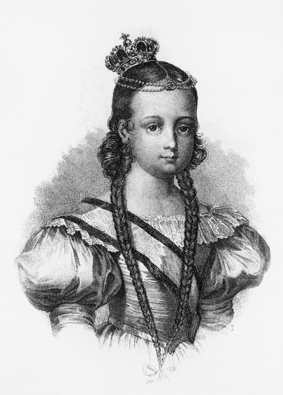 Portrait of Isabel II (1830-1904), Queen of Spain from 1833 to 1868, engraving.