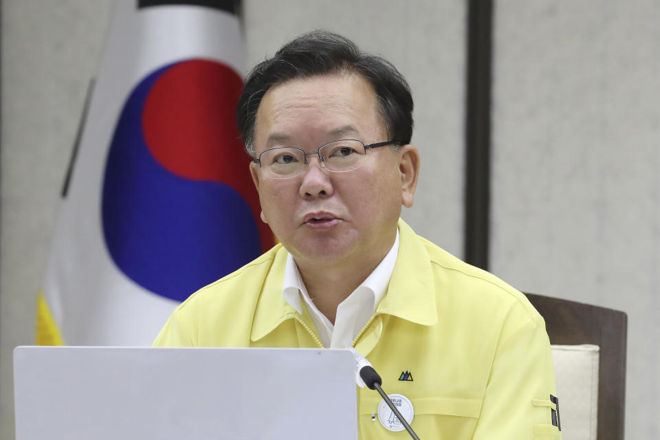 South Korean Prime Minister Kim Boo-kyum speaks during a meeting of the Central Disaster and Safety Countermeasures Headquarters at the government complex in Sejong, South Korea, Tuesday, July 20, 2021. Kim on Tuesday apologized for "failing to carefully take care of the health" of hundreds of sailors who contracted the coronavirus on a navy ship taking part in an anti-piracy mission off East Africa. (Kim Ju-hyung/Yonhap via AP)