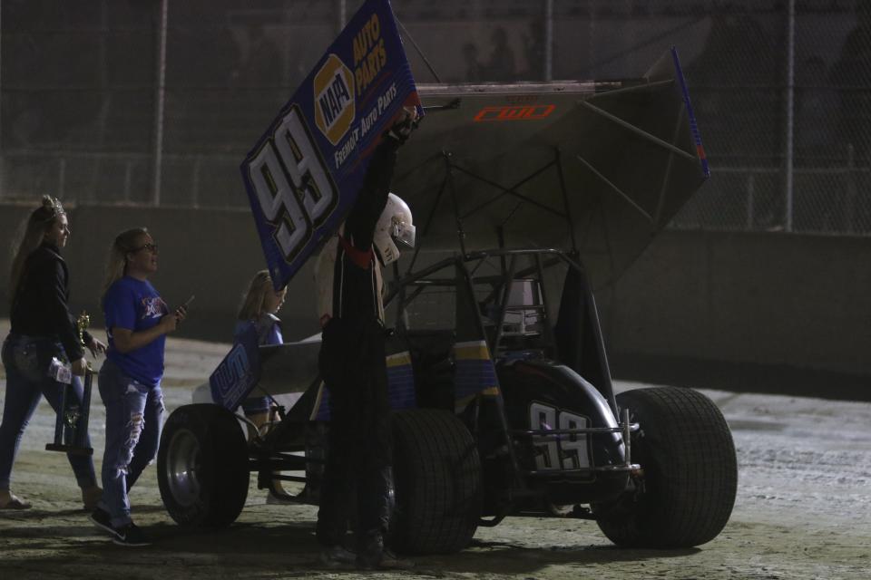 Alvin Roepke celebrates his victory in the 305 feature race at Fremont Speedway, on Saturday night.