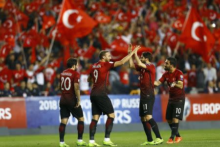 Football Soccer - Turkey v Finland - 2018 World Cup Qualifying European Zone - Antalya Arena, Antalya, Turkey - 24/3/17 Turkey's players celebrate their second goal against Finland. REUTERS/Murad Sezer