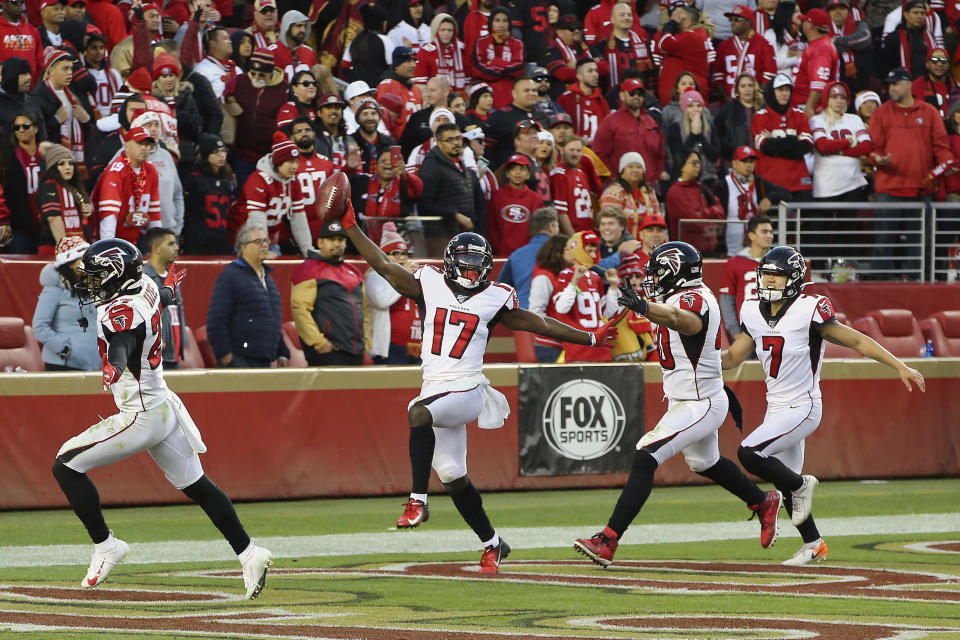 Atlanta Falcons' Olamide Zaccheaus (17) celebrates after scoring against the San Francisco 49ers during the second half of an NFL football game in Santa Clara, Calif., Sunday, Dec. 15, 2019. (AP Photo/John Hefti)