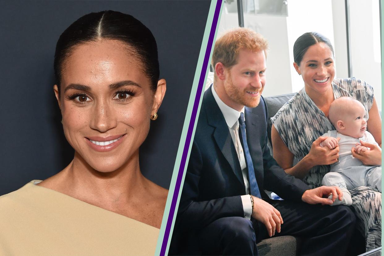  Meghan Markle portrait, split layout with Prince Harry, Meghan Markle and Prince Archie as a baby. 