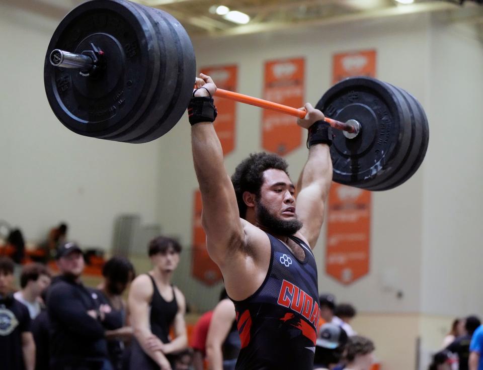 New Smyrna Beach's Isaiah McCloud competes in the district weightlifting meet at University High School in Orange City, Wednesday, March 27, 2024.