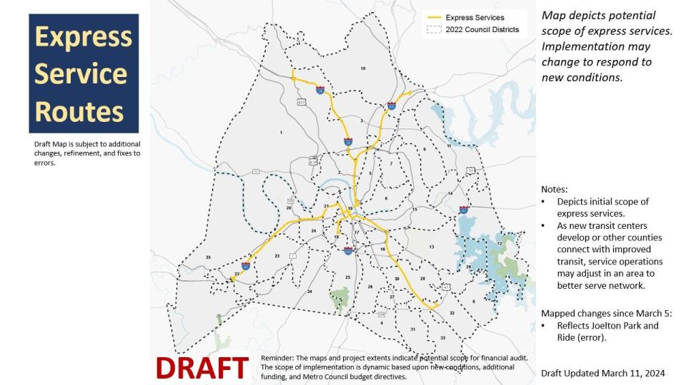 A draft concept map released March 14, 2024 shows potential express routes on main corridors to county borders. Nashville Mayor Freddie O'Connell's administration is working to put a transit funding referendum on Davidson County voters' ballots in November 2024.