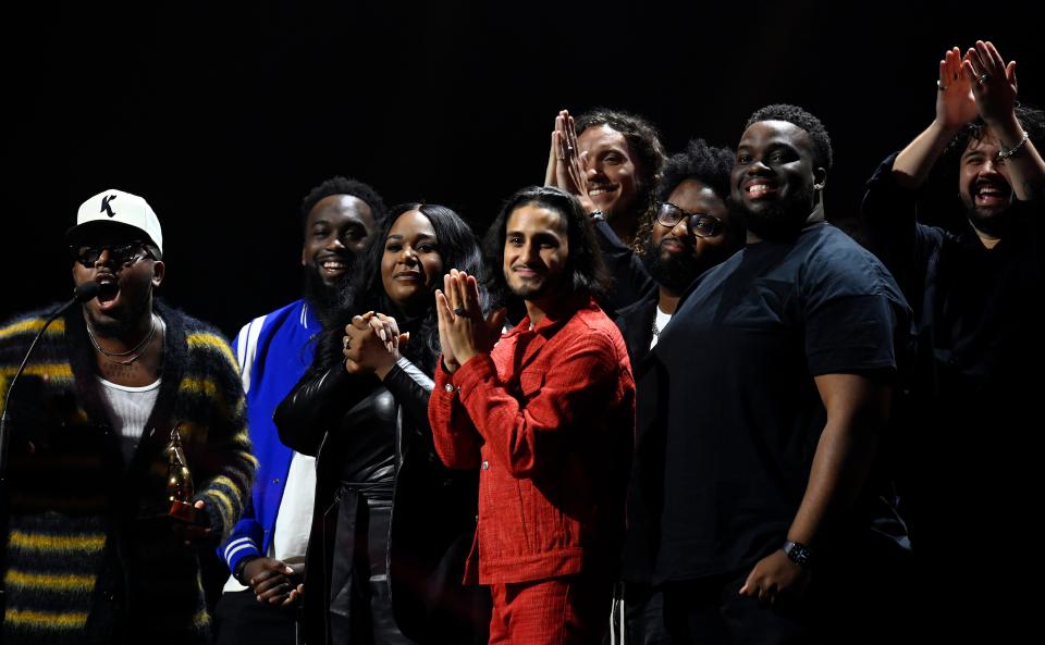 The group Maverick City Music accept the New Artist of the Year Award during the 52nd GMA Dove Awards on Tuesday, October 19, 2021, in Nashville, Tenn. 