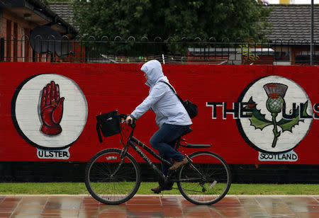 A woman cycles past a mural with the Red hand of Ulster and a Scottish Thistle on the Lower Newtownards Road in East Belfast July 5, 2014. REUTERS/Cathal McNaughton